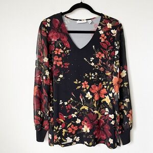 Susan Graver Liquid Knit Fall Floral V Neck Top Sheer Sleeves Womens Medium